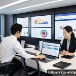 린 스타트업의 고객 피드백 시스템 구축 - A modern Japanese office scene focused on a diverse team collaborating around a large touchscreen di...