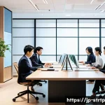 린 스타트업과 고객의 관계 관리 - A modern Japanese office scene with a diverse cross-functional team collaborating around a sleek con...