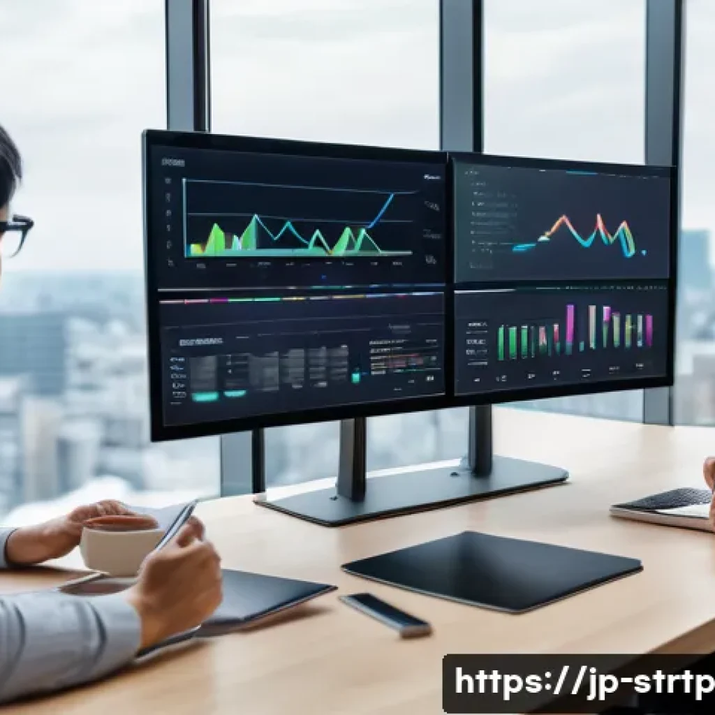 린 스타트업에서의 데이터 기반 의사결정 - A modern Japanese startup office scene focused on data-driven decision making, featuring a diverse t...