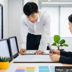 린 스타트업의 비즈니스 목표 설정 - A modern Japanese startup office scene featuring a diverse team of professionals collaboratively set...