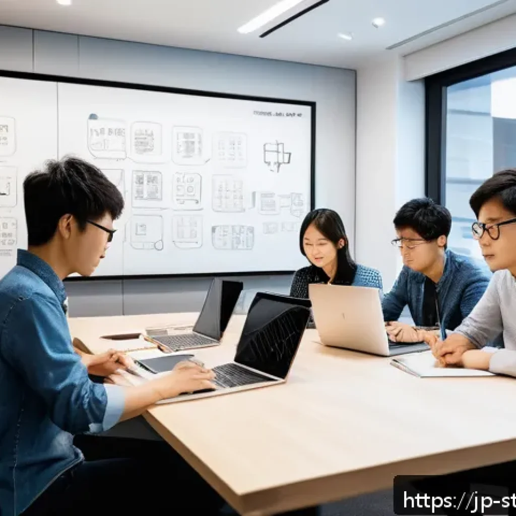 린 스타트업의 성공적인 사업 모델 수립 - A modern Japanese startup office scene with a diverse team of young professionals collaborating inte...