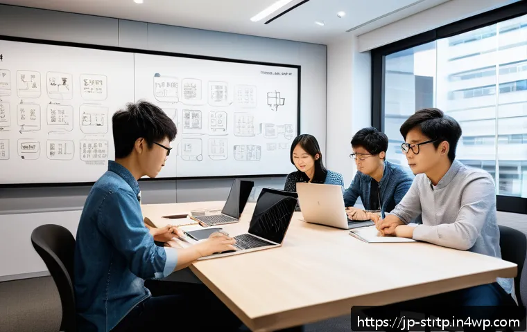 린 스타트업의 성공적인 사업 모델 수립 - A modern Japanese startup office scene with a diverse team of young professionals collaborating inte...